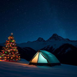 A picturesque nighttime mountain range under a shimmering starry sky, featuring a vibrant Christmas tree adorned with colorful ornaments and glowing lights off to one side