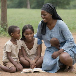 Tituba, a kind and nurturing woman, interacting gently with Benjamin's children. She's teaching them, consoling them, and engaging in fun activities under a peaceful setting.