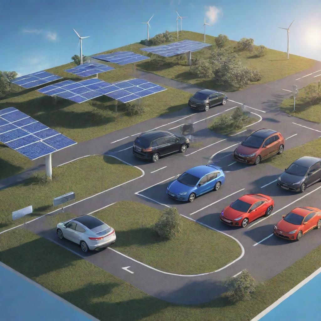 Depict a scene representing the 21st century, with symbols of major technological advancements like smartphones, electric cars, and solar panels.