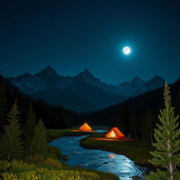 An enchanting nighttime mountain range captured from the middle perspective, with a lush forest area in the foreground that beautifully frames the scene