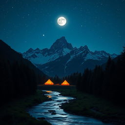 An enchanting nighttime mountain range captured from the middle perspective, with a lush forest area in the foreground that beautifully frames the scene