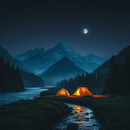 An enchanting nighttime mountain range captured from the middle perspective, with a lush forest area in the foreground that beautifully frames the scene