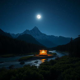 An enchanting nighttime mountain range captured from the middle perspective, with a lush forest area in the foreground that beautifully frames the scene