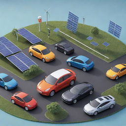 Depict a scene representing the 21st century, with symbols of major technological advancements like smartphones, electric cars, and solar panels.