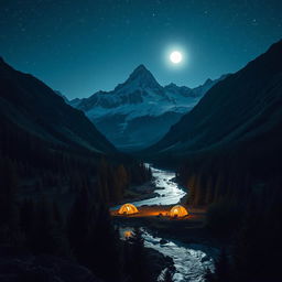 A stunning nighttime mountain range viewed from a middle perspective, featuring a lush forest area in the foreground that enhances the wild beauty of the scene