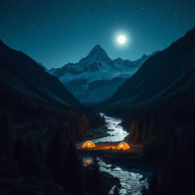 A stunning nighttime mountain range viewed from a middle perspective, featuring a lush forest area in the foreground that enhances the wild beauty of the scene