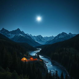 A stunning nighttime mountain range viewed from a middle perspective, featuring a lush forest area in the foreground that enhances the wild beauty of the scene