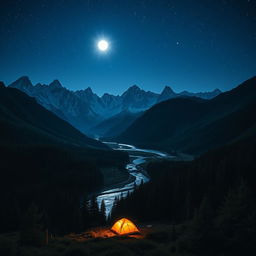 A stunning nighttime mountain range viewed from a middle perspective, featuring a lush forest area in the foreground that enhances the wild beauty of the scene