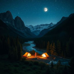 A stunning nighttime mountain range viewed from a middle perspective, featuring a lush forest area in the foreground that enhances the wild beauty of the scene