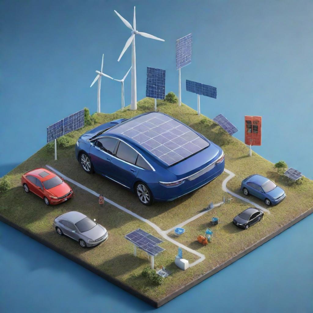 Depict a scene representing the 21st century, with symbols of major technological advancements like smartphones, electric cars, and solar panels.