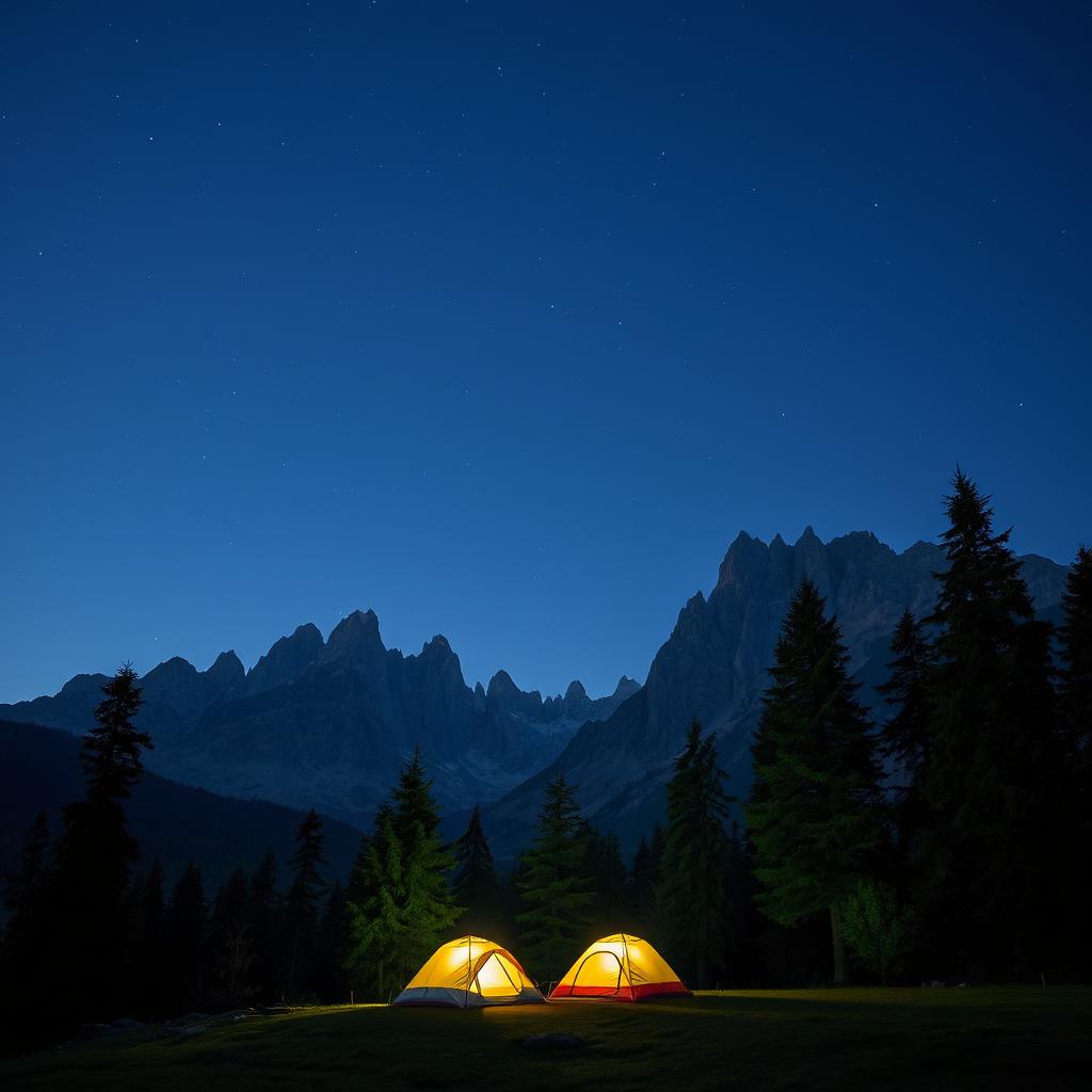 A serene night scene depicting a majestic mountain range under a starry sky, with a lush forest area in the foreground