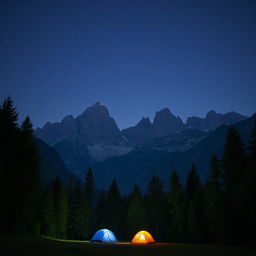 A serene night scene depicting a majestic mountain range under a starry sky, with a lush forest area in the foreground