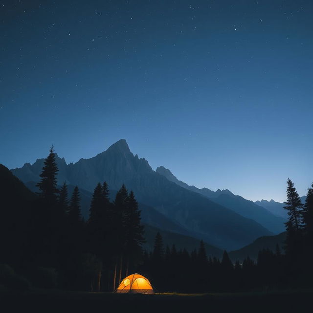 A serene night scene depicting a majestic mountain range under a starry sky, with a lush forest area in the foreground