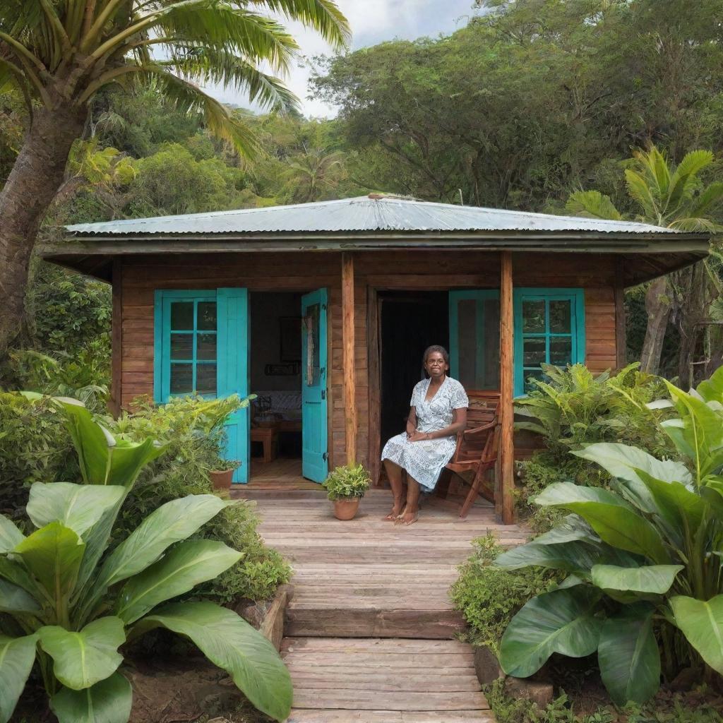 Tituba, clipping lush tropical plants and tending to her rustic, cozy cabin situated in the picturesque setting of Barbados, with the turquoise blue ocean in the backdrop.