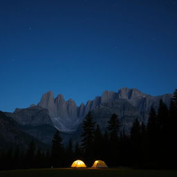 A serene night scene depicting a majestic mountain range under a starry sky, with a lush forest area in the foreground