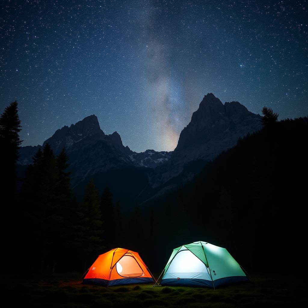 A captivating night scene showcasing a magnificent mountain range under a starry sky, with a lush forest area in the foreground