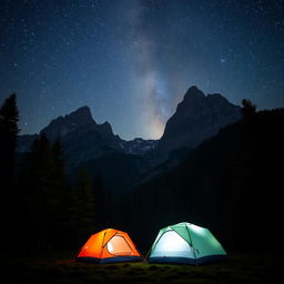 A captivating night scene showcasing a magnificent mountain range under a starry sky, with a lush forest area in the foreground