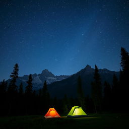 A captivating night scene showcasing a magnificent mountain range under a starry sky, with a lush forest area in the foreground