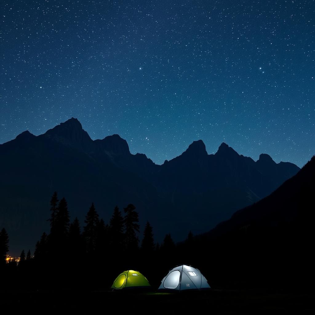 A captivating night scene showcasing a magnificent mountain range under a starry sky, with a lush forest area in the foreground