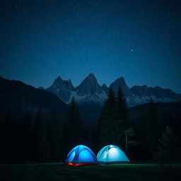 A captivating night scene showcasing a magnificent mountain range under a starry sky, with a lush forest area in the foreground