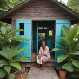 Tituba, clipping lush tropical plants and tending to her rustic, cozy cabin situated in the picturesque setting of Barbados, with the turquoise blue ocean in the backdrop.