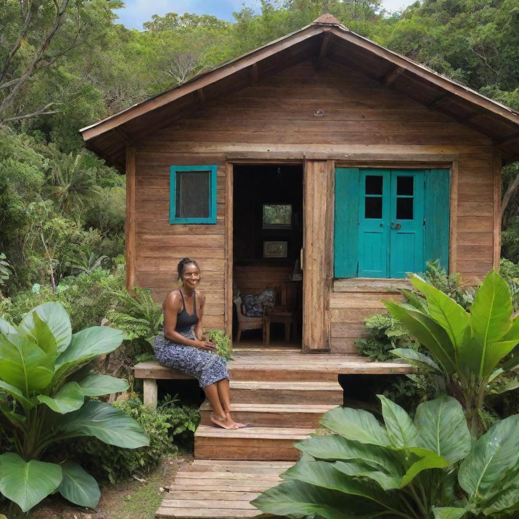 Tituba, clipping lush tropical plants and tending to her rustic, cozy cabin situated in the picturesque setting of Barbados, with the turquoise blue ocean in the backdrop.