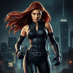 A striking portrayal of a powerful female superhero known as Black Widow