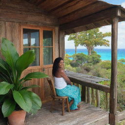 Tituba, clipping lush tropical plants and tending to her rustic, cozy cabin situated in the picturesque setting of Barbados, with the turquoise blue ocean in the backdrop.