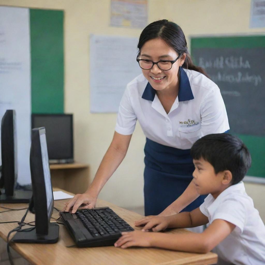 A full-body image of a 21st-century teacher in the Philippines using a computer to educate elementary students. The teacher is focused, interactive and engaging while using modern technology for teaching.