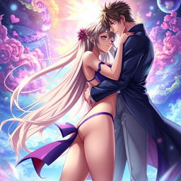 An erotic anime scene featuring an attractive female character with long flowing hair, dressed in a revealing outfit that showcases her body, in a passionate embrace with a handsome male character