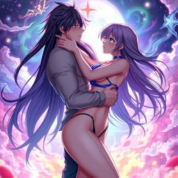 An erotic anime scene featuring an attractive female character with long flowing hair, dressed in a revealing outfit that showcases her body, in a passionate embrace with a handsome male character