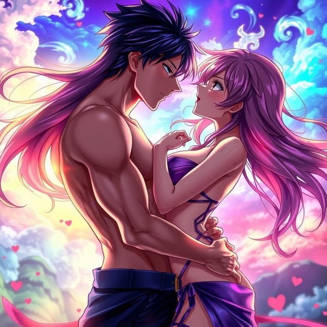 An erotic anime scene featuring an attractive female character with long flowing hair, dressed in a revealing outfit that showcases her body, in a passionate embrace with a handsome male character