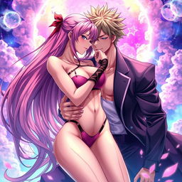 An erotic anime scene featuring an attractive female character with long flowing hair, dressed in a revealing outfit that showcases her body, in a passionate embrace with a handsome male character