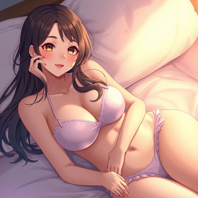 A beautiful anime girl lounging on a bed, featuring a stunningly attractive face and soft, delicate legs