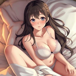 A beautiful anime girl lounging on a bed, featuring a stunningly attractive face and soft, delicate legs