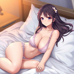 A beautiful anime girl lounging on a bed, featuring a stunningly attractive face and soft, delicate legs