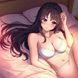 A beautiful anime girl lounging on a bed, featuring a stunningly attractive face and soft, delicate legs