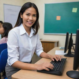 A full-body image of a 21st-century teacher in the Philippines using a computer to educate elementary students. The teacher is focused, interactive and engaging while using modern technology for teaching.