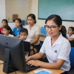 A full-body image of a 21st-century teacher in the Philippines using a computer to educate elementary students. The teacher is focused, interactive and engaging while using modern technology for teaching.