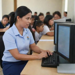 A full-body image of a 21st-century teacher in the Philippines using a computer to educate elementary students. The teacher is focused, interactive and engaging while using modern technology for teaching.