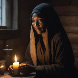 Tituba of Salem, showing her kindness, emanating a warm glow. She's assisting the needy, comforting the sad, or perhaps, healing with her medicinal herbs, all set in the historical village of Salem.