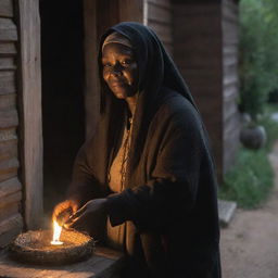 Tituba of Salem, showing her kindness, emanating a warm glow. She's assisting the needy, comforting the sad, or perhaps, healing with her medicinal herbs, all set in the historical village of Salem.