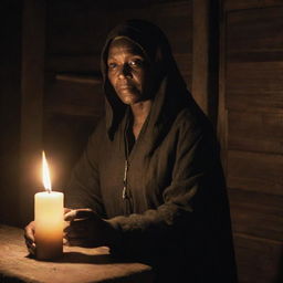 Tituba of Salem, showing her kindness, emanating a warm glow. She's assisting the needy, comforting the sad, or perhaps, healing with her medicinal herbs, all set in the historical village of Salem.