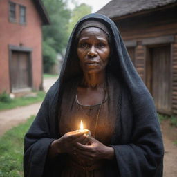 Tituba of Salem, showing her kindness, emanating a warm glow. She's assisting the needy, comforting the sad, or perhaps, healing with her medicinal herbs, all set in the historical village of Salem.