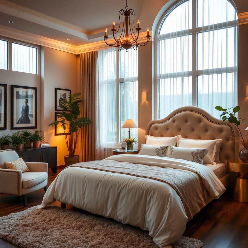 A luxurious bedroom featuring a beautifully made king-size bed with an elegant headboard, soft pillows, and a plush comforter