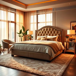 A luxurious bedroom featuring a beautifully made king-size bed with an elegant headboard, soft pillows, and a plush comforter