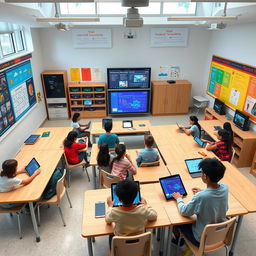 An innovative classroom layout utilizing IoT technology, featuring modular desks that can be easily rearranged for group work, interactive smart boards for collaborative learning, and integrated tablets for each student