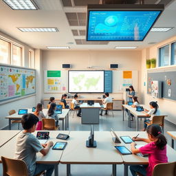 An innovative classroom layout utilizing IoT technology, featuring modular desks that can be easily rearranged for group work, interactive smart boards for collaborative learning, and integrated tablets for each student