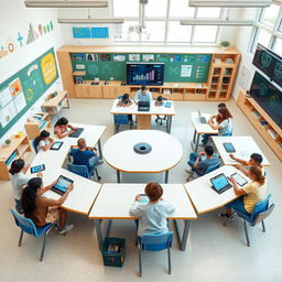 An innovative classroom layout utilizing IoT technology, featuring modular desks that can be easily rearranged for group work, interactive smart boards for collaborative learning, and integrated tablets for each student