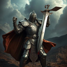 A fierce warrior fully clad in intricately designed plate armor, standing in a dynamic pose on a rugged battlefield